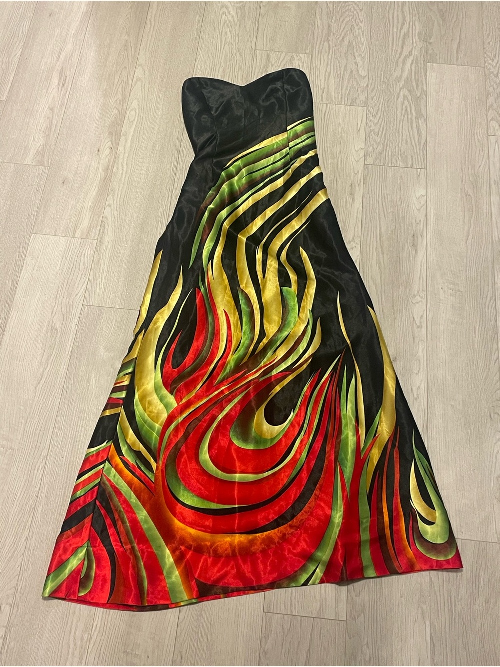Strapless Black Dress with Vibrant Red, Green & Gold Abstract Print